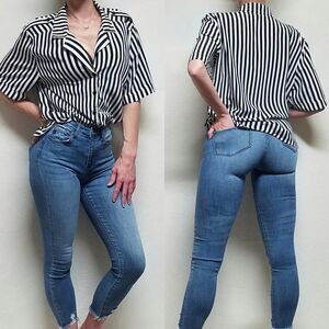 Vintage Leslie Fay Haberdashery Black White Striped Button Up V-neck Shirt L